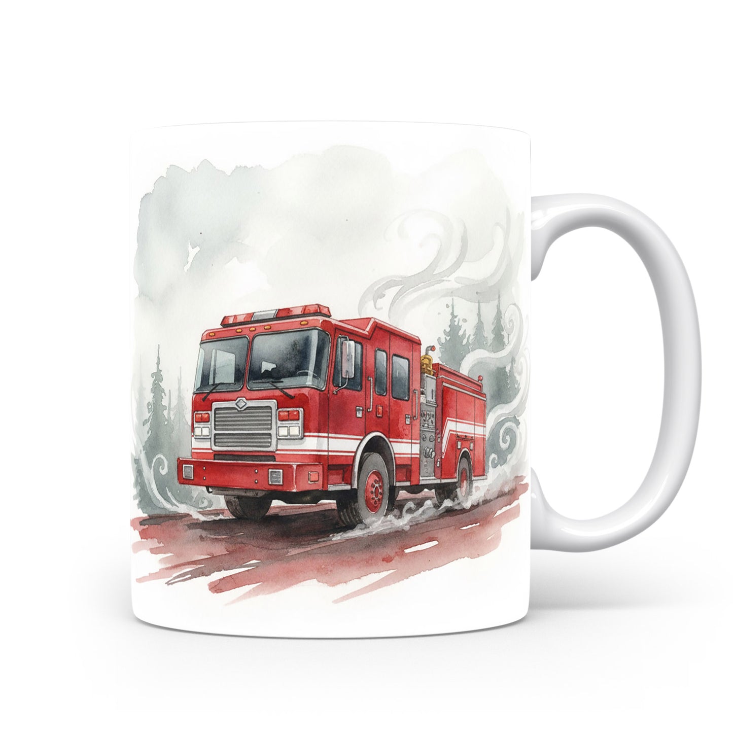 Hasičský vůz v mlze na hrnku