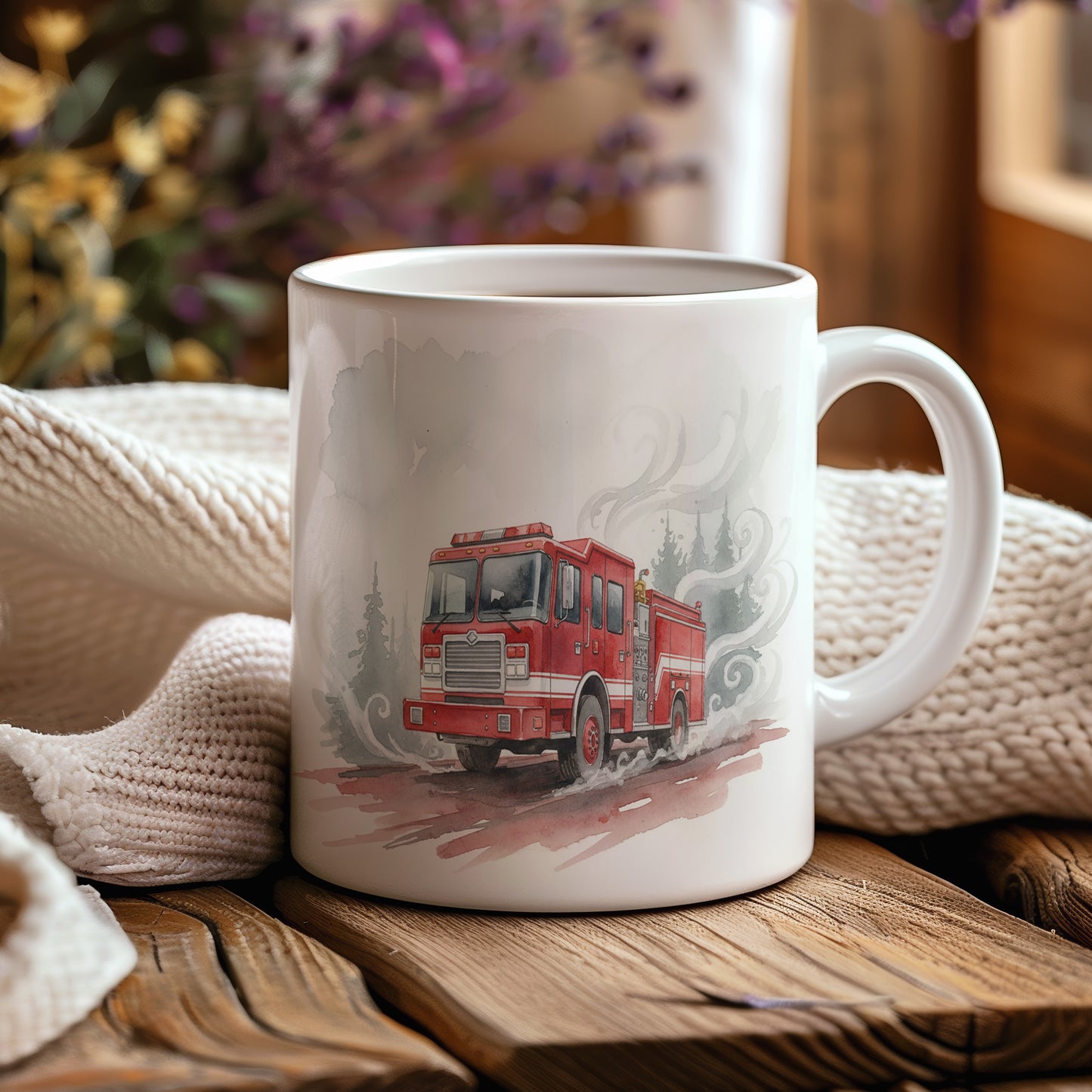 Hrnek s hasičským vozem v mlze