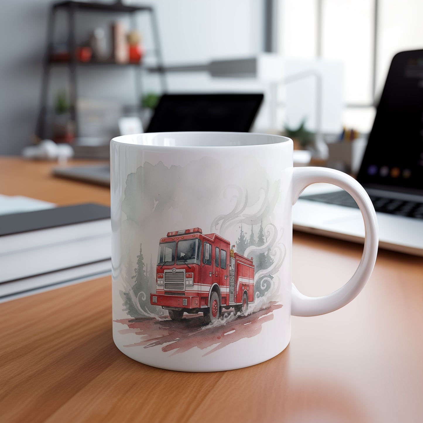 Hrnek s hasičským vozem v mlze