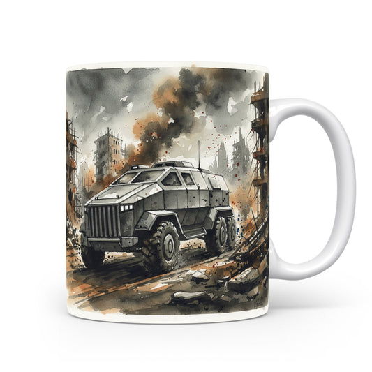 Hrnek s obrněným vozem v ruinách
