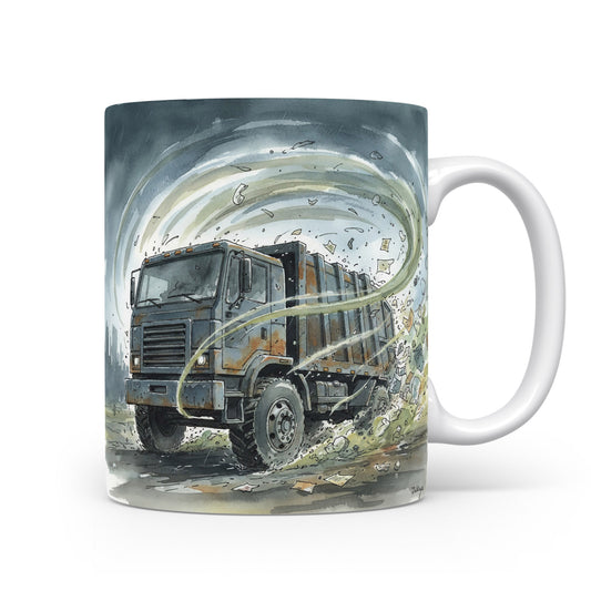 Hrnek s popelářským vozem v akvarelové vichřici