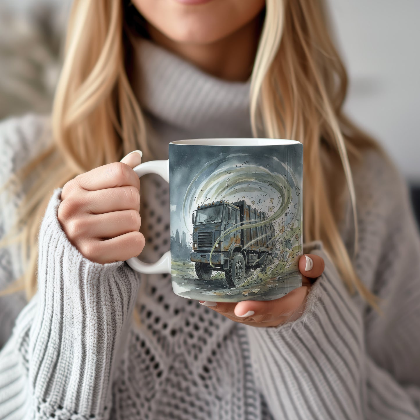 Hrnek s popelářským vozem v akvarelové vichřici