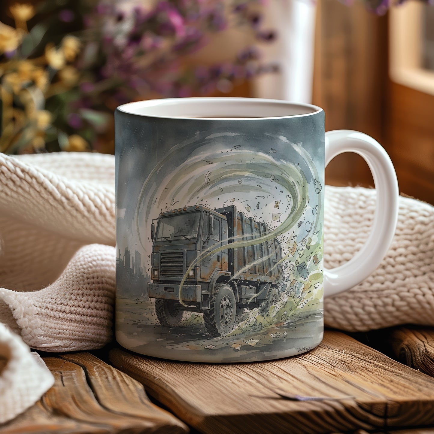 Hrnek s popelářským vozem v akvarelové vichřici