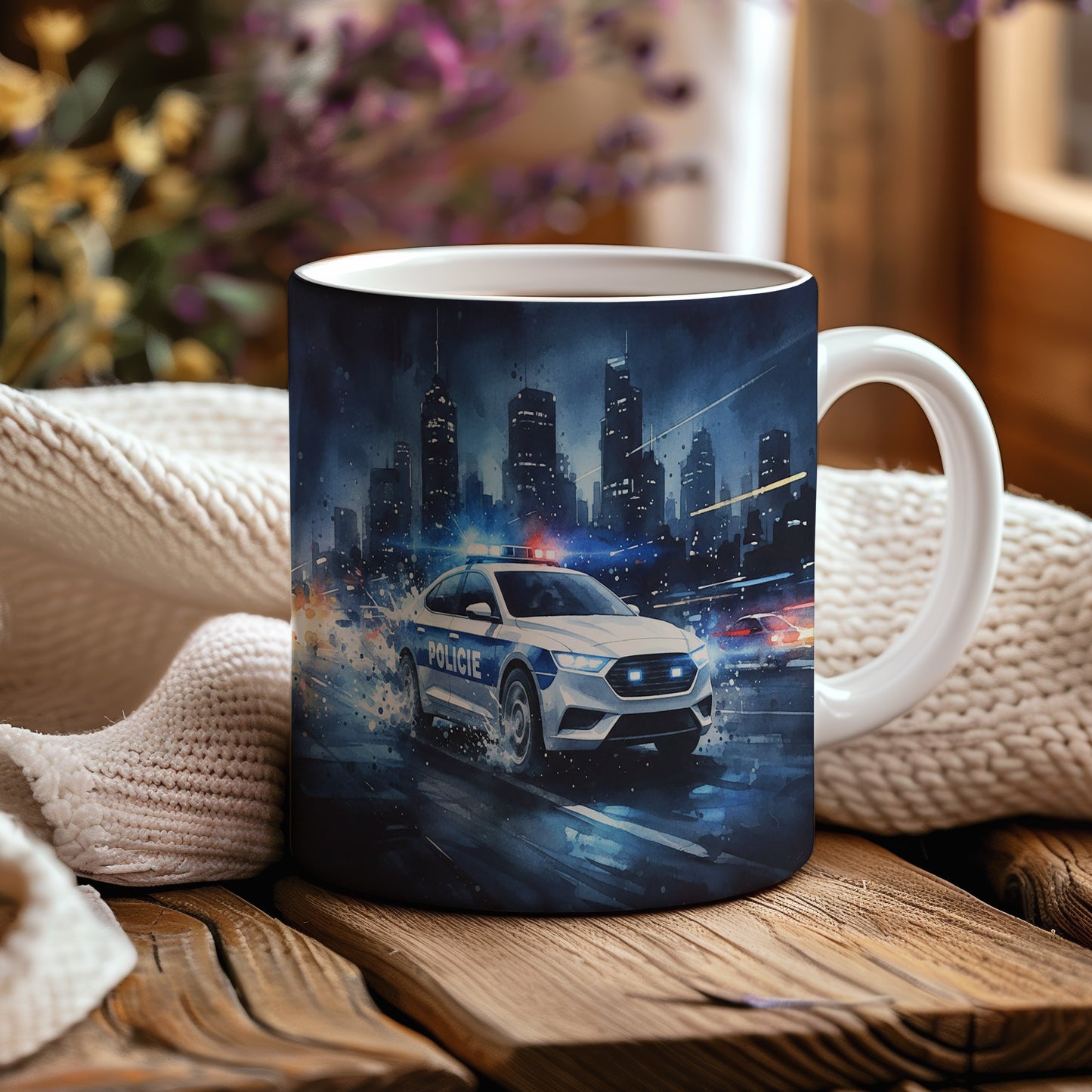 Hrnek s policejním vozem v nočním městě