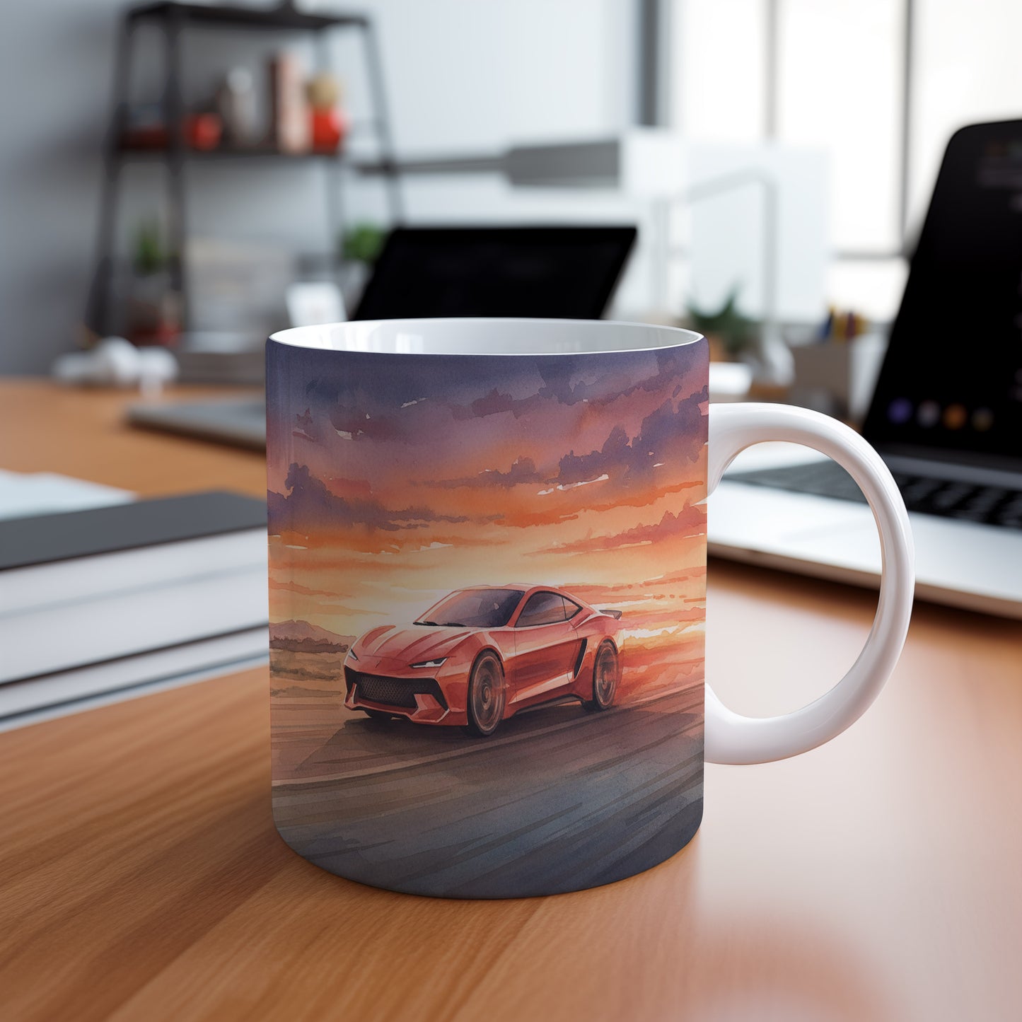 Hrnek s červeným sporťákem při západu slunce