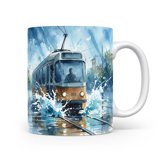 Hrnek s akvarelovou tramvají v dešti