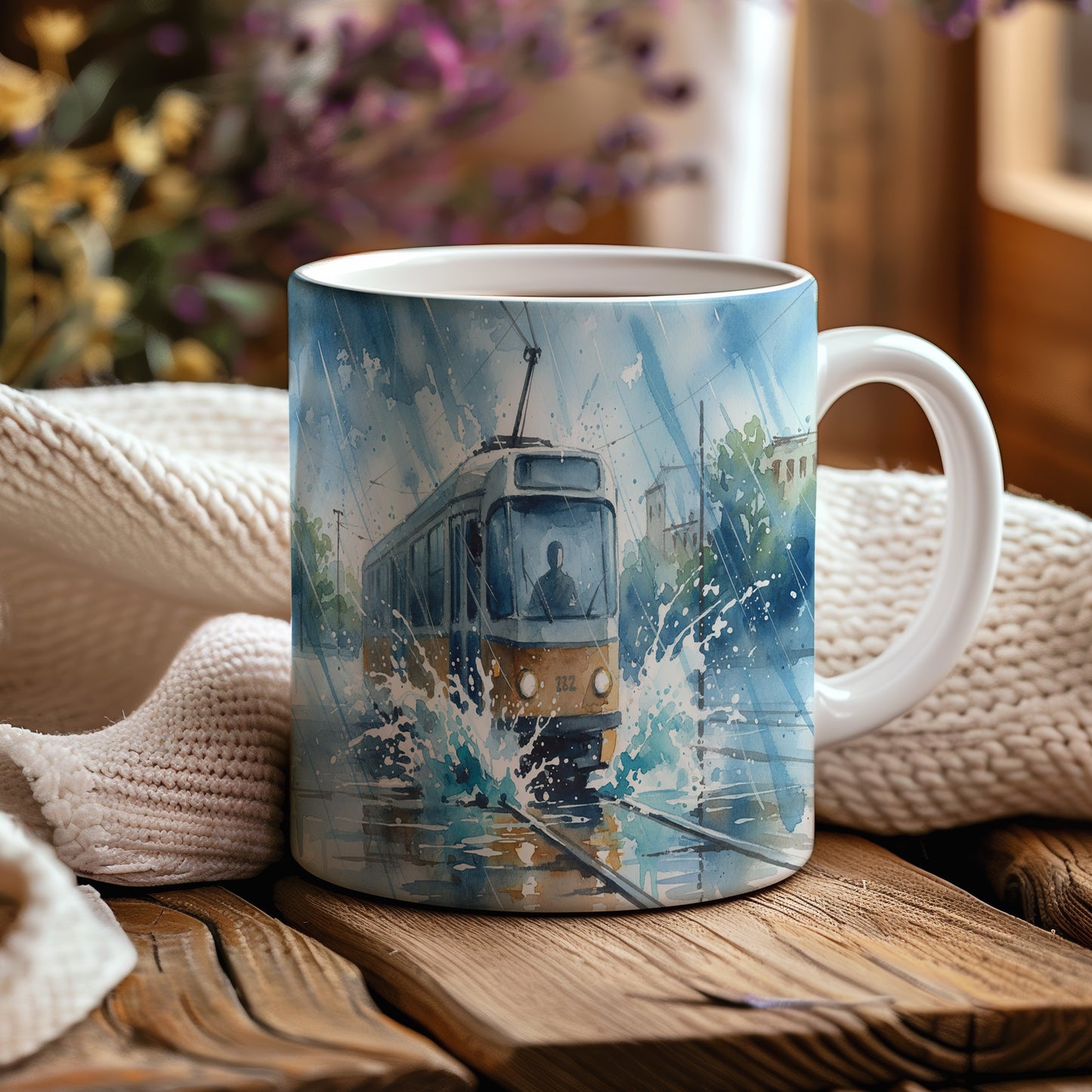 Hrnek s tramvají v dešti