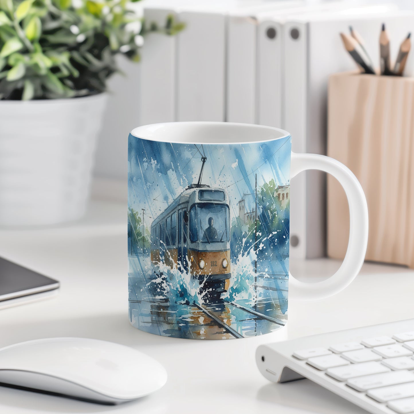 Hrnek s tramvají v dešti