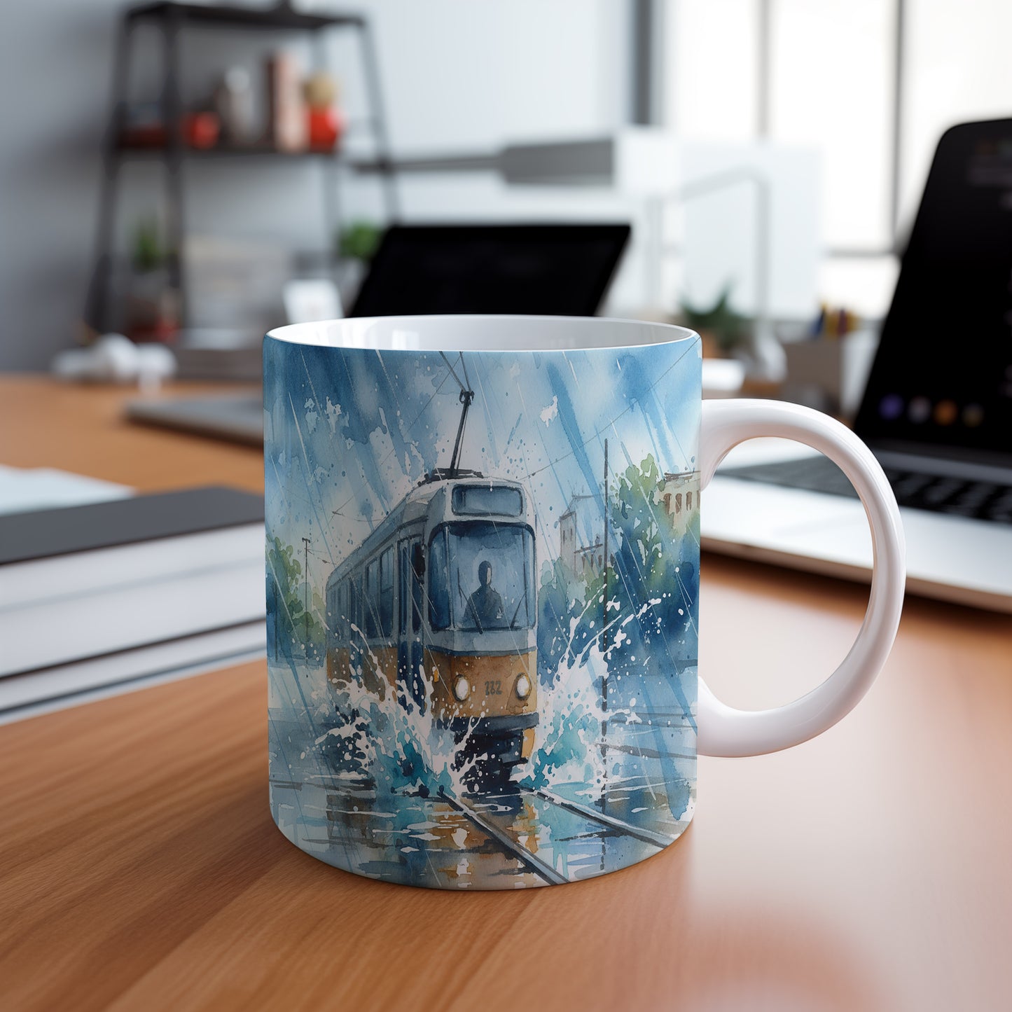 Hrnek s tramvají v dešti