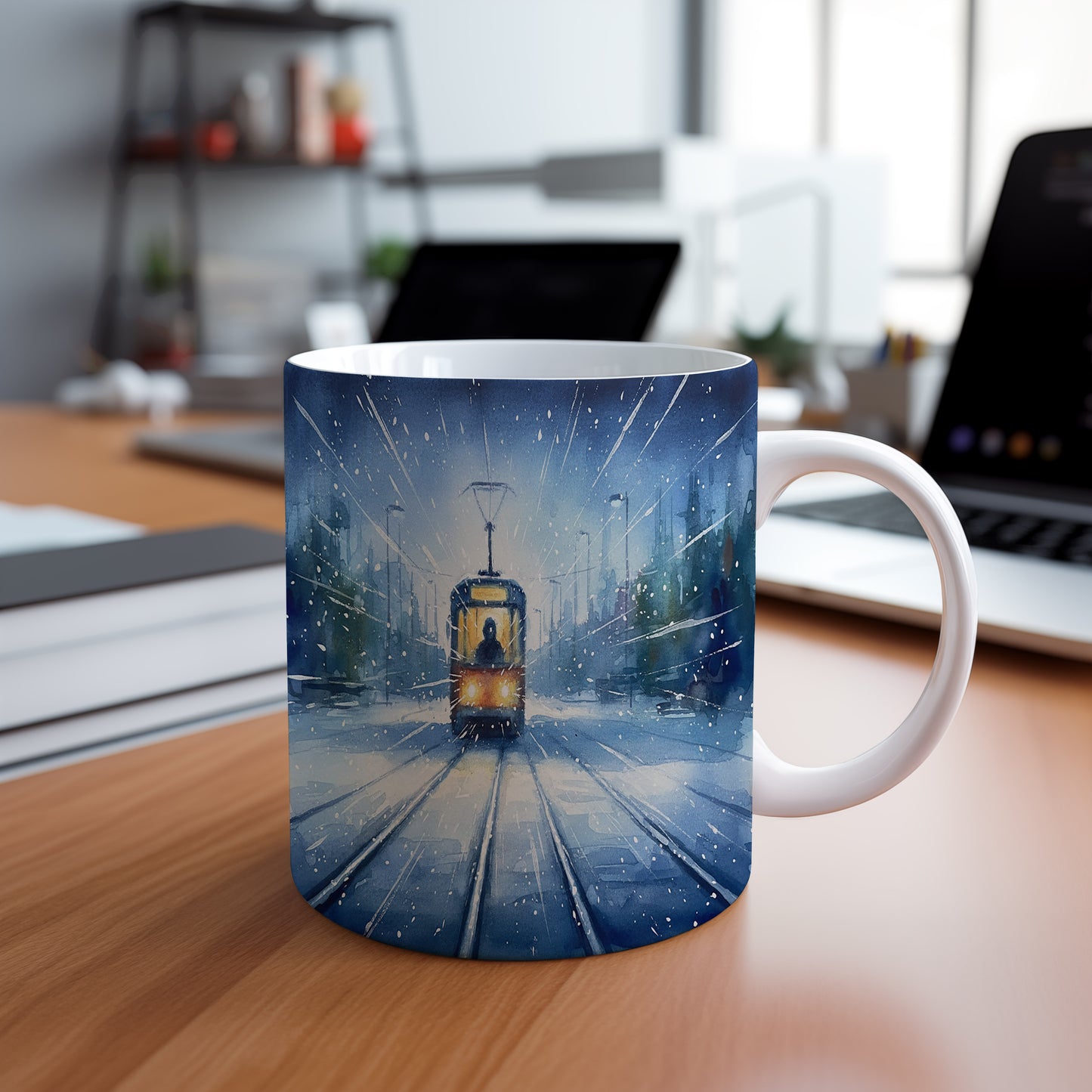 Hrnek s tramvají v zimní krajině