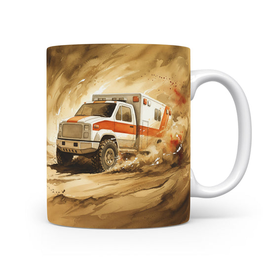 Hrnek s terénním sanitním vozem v akvarelu