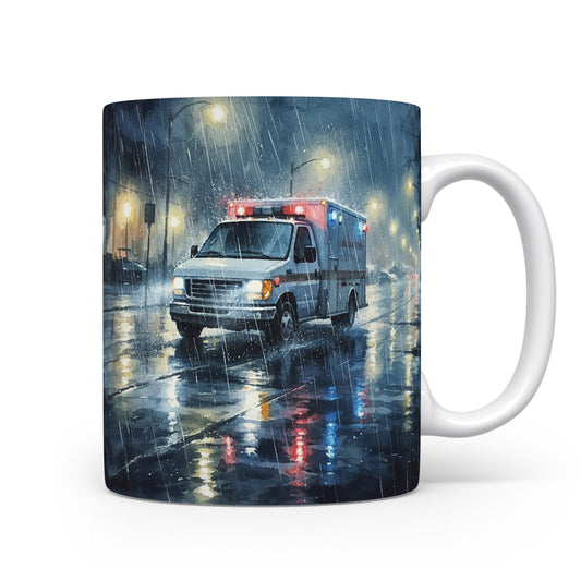 Hrnek se sanitkou v dešti