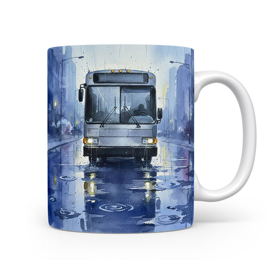 Akvarelový motiv autobusu v deštivém městě