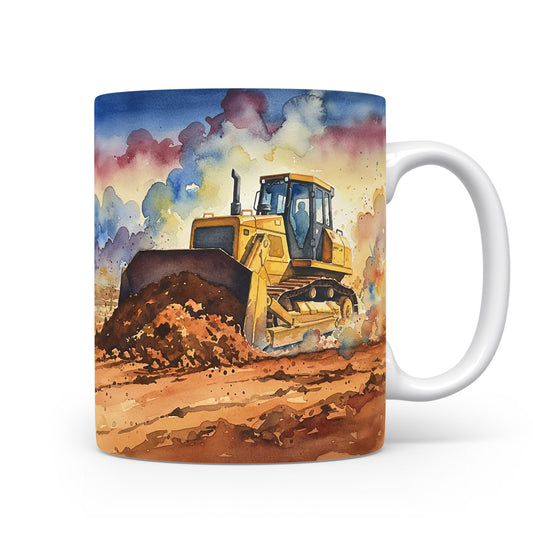 Hrnek s buldozerem v oblacích prachu