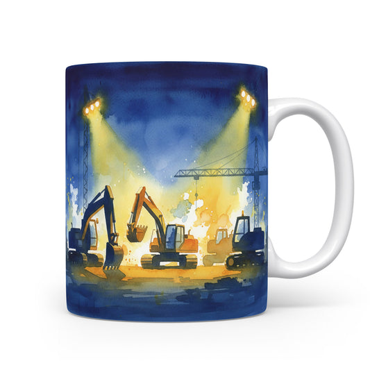 Hrnek s akvarelovým motivem staveniště v noci