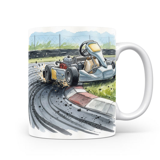 Akvarelový hrnek s motokárou v zatáčce