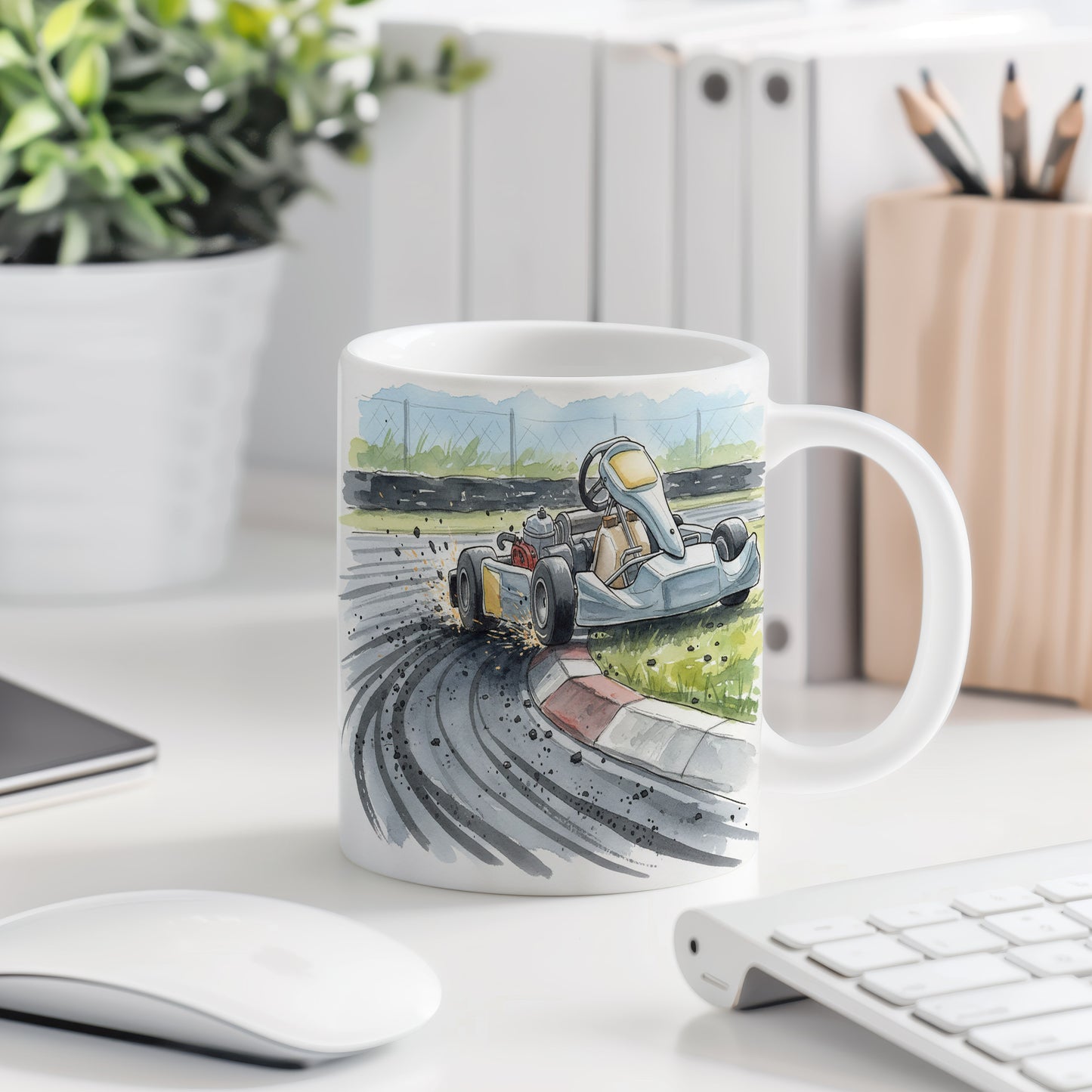 Hrnek s motokárou v akvarelové zatáčce