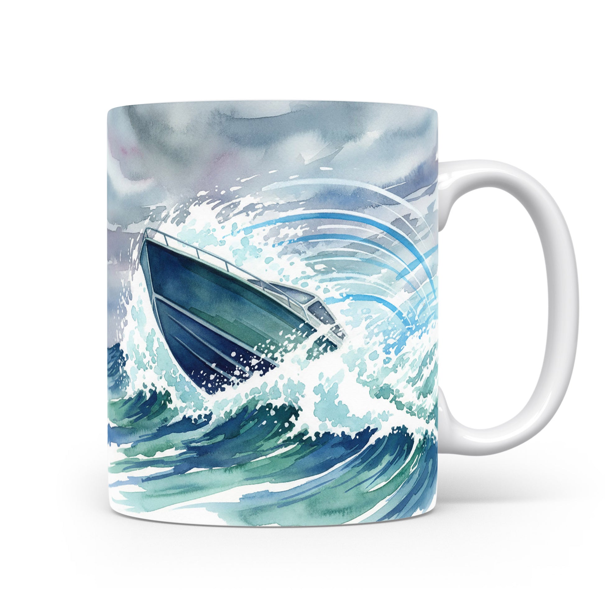 Hrnek s člunem v rozbouřených vlnách