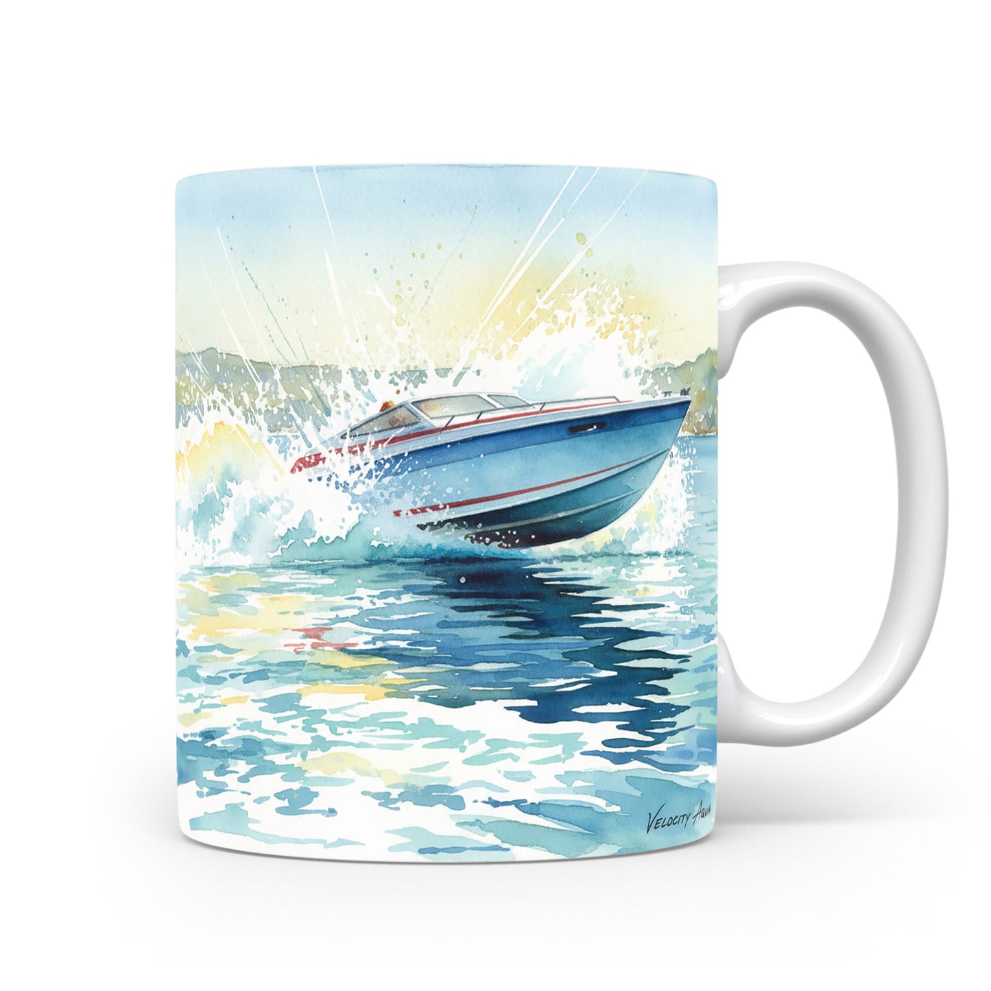 Hrnek s motorovým člunem na vlnách