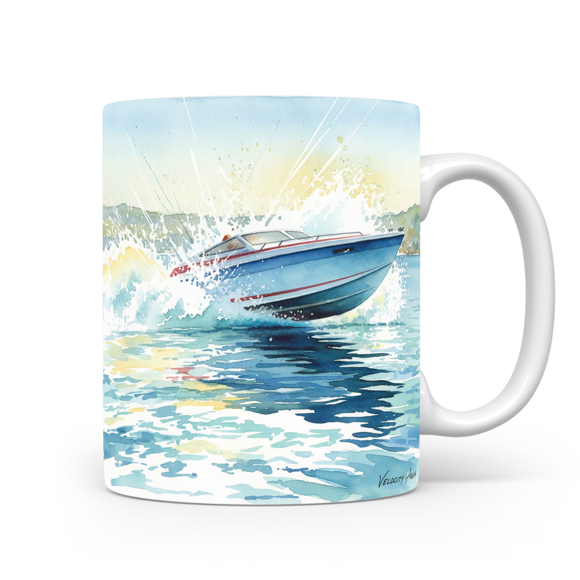 Hrnek s motorovým člunem na vlnách