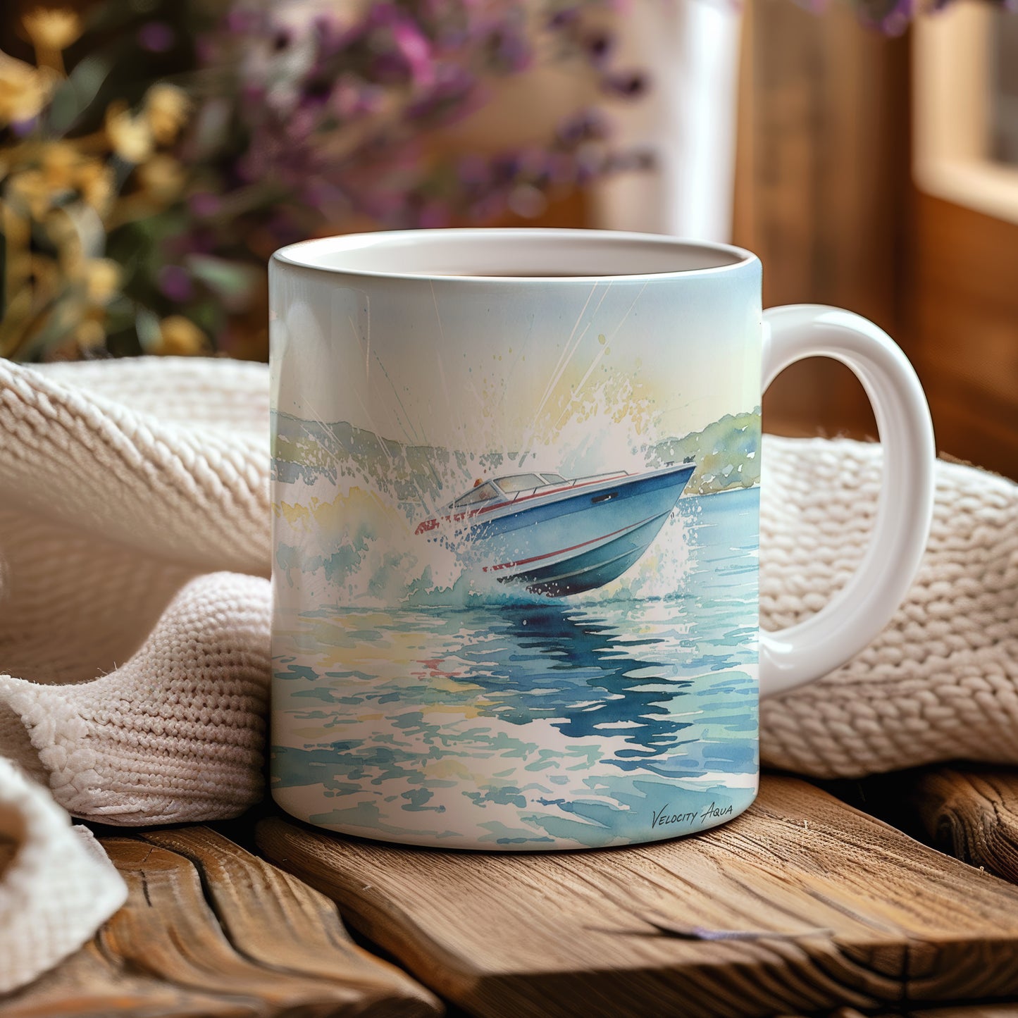 Hrnek s motorovým člunem na vlnách