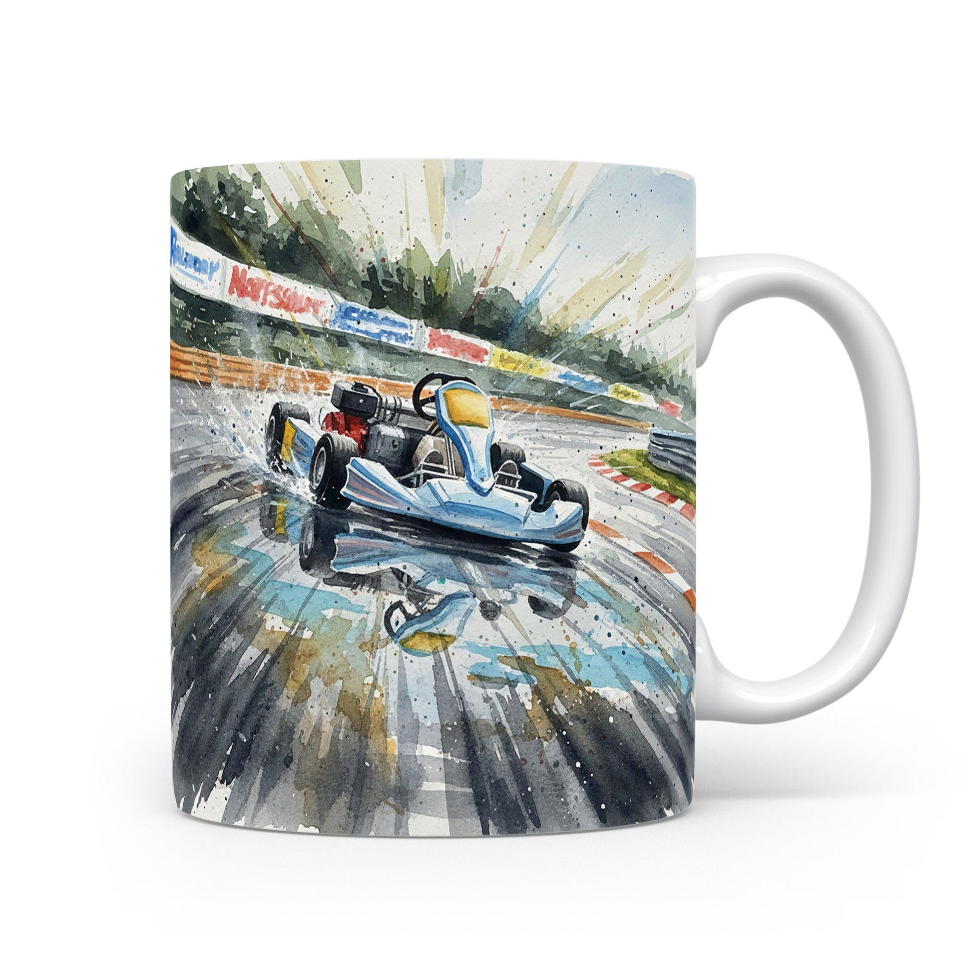 Motokára na mokré trati v akvarelu