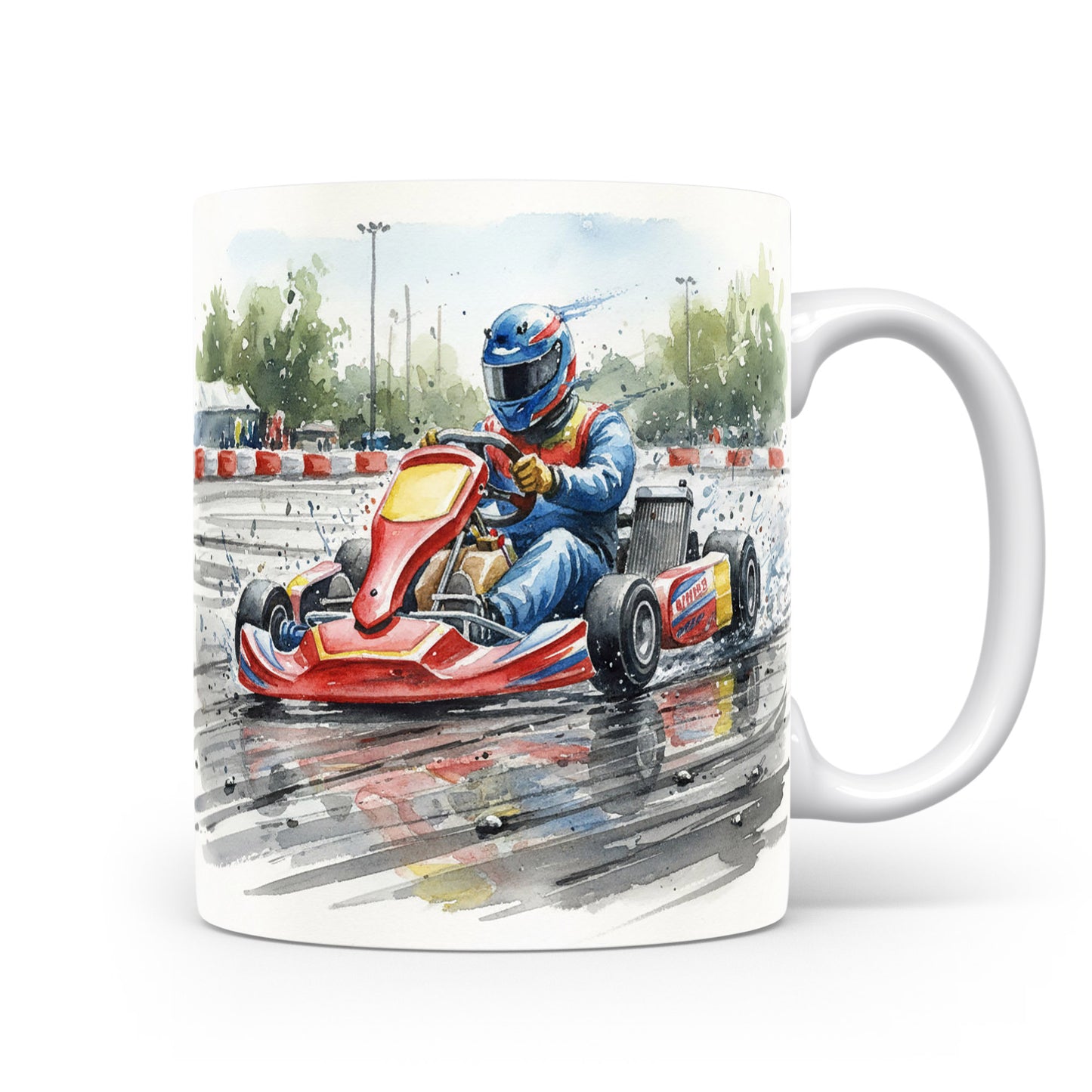 Hrnek s motokárou na závodní dráze