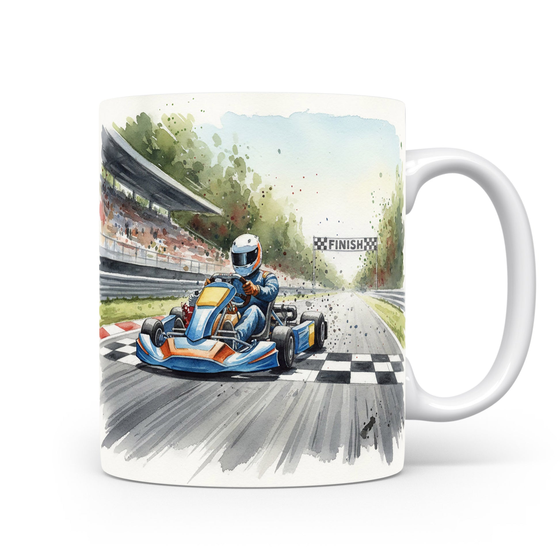 Motokára na cílové čáře v akvarelu