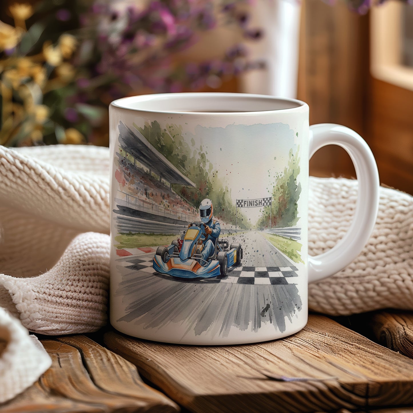 Hrnek s motokárou na cílové čáře