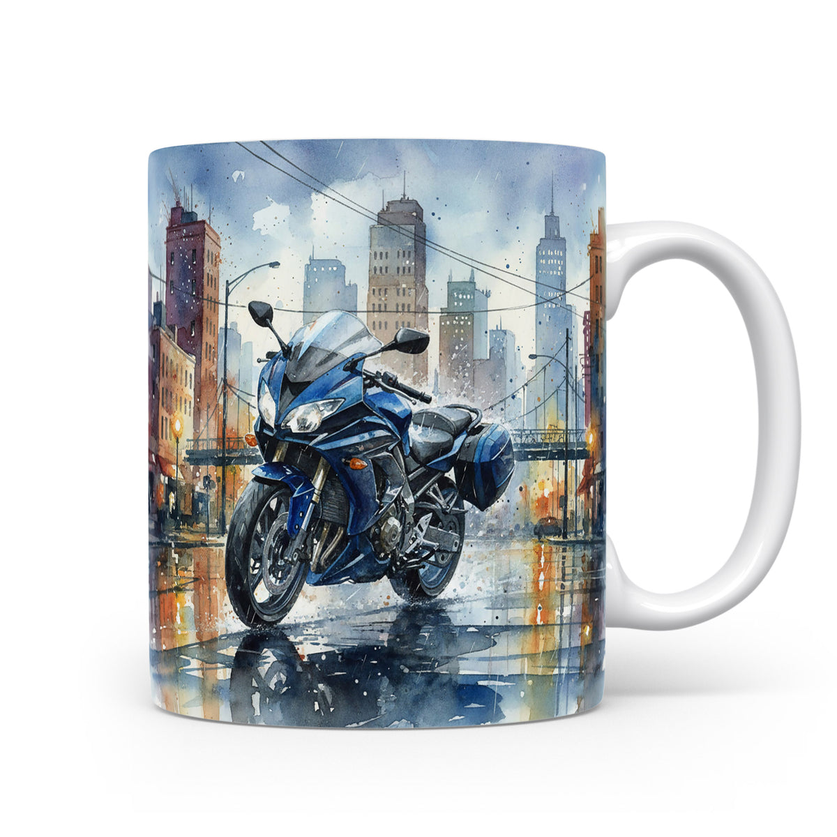 Hrnek s modrou motorkou v městské scenérii
