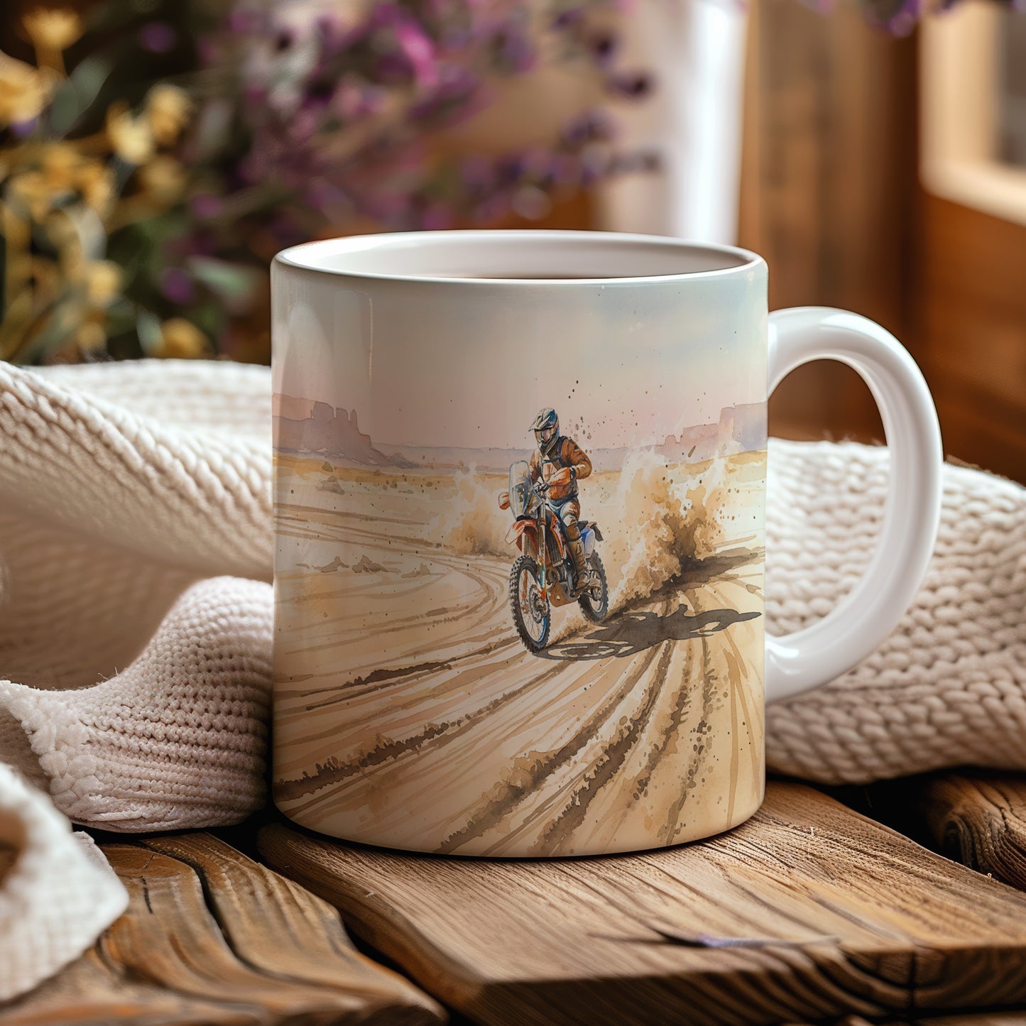 Hrnek s motorkářem v poušti