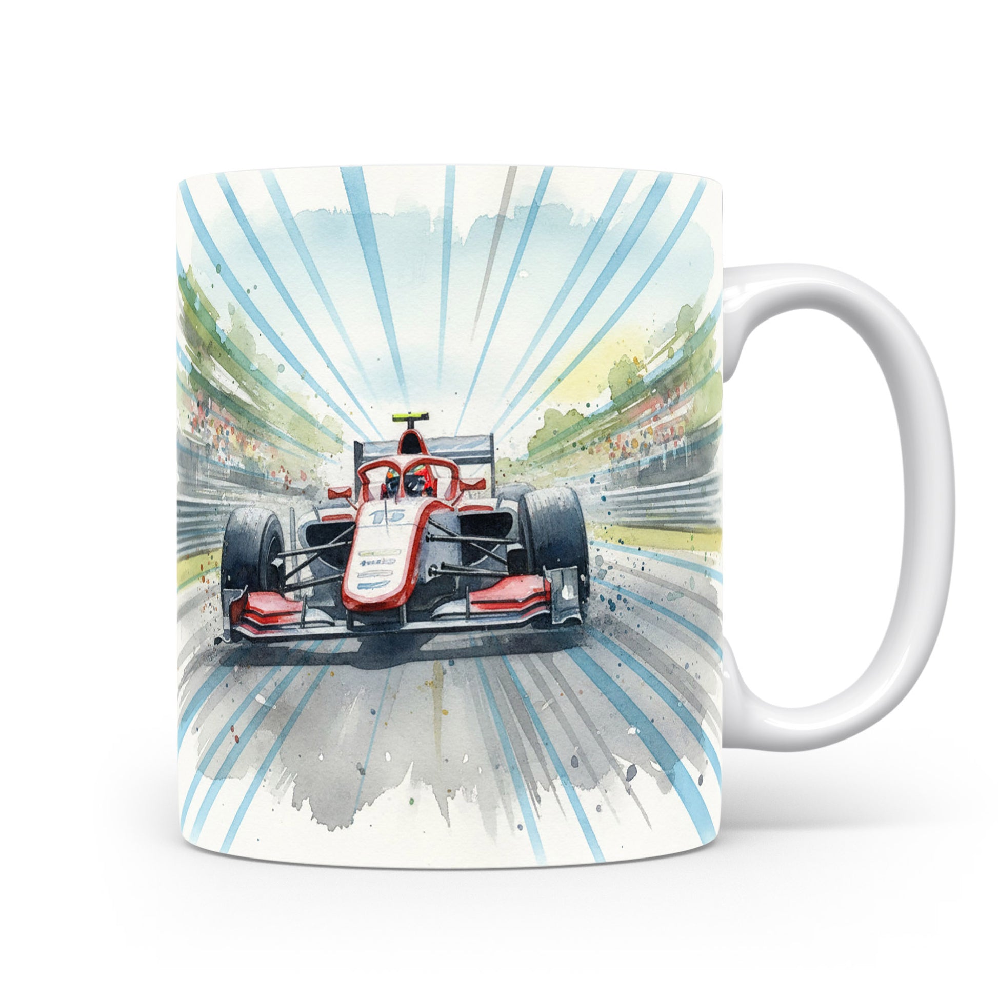 Hrnek s formulí na závodní dráze