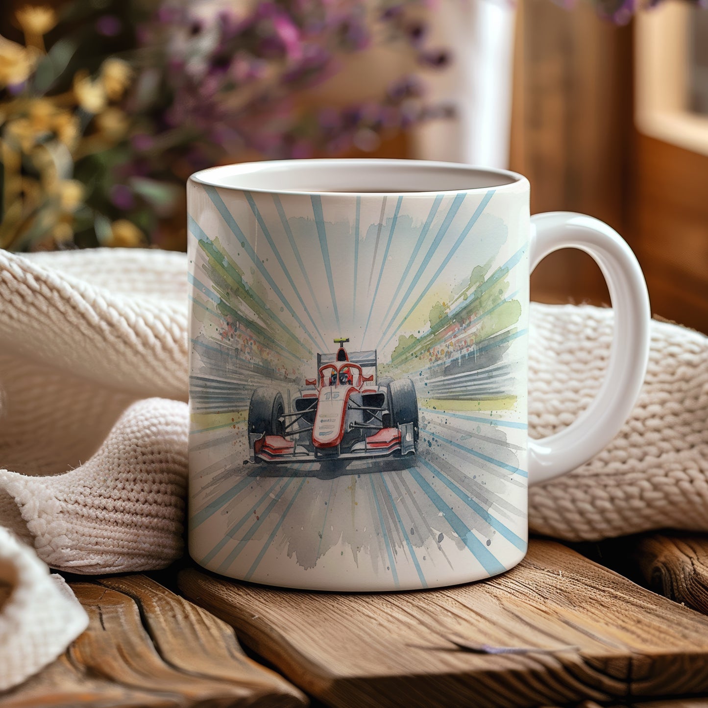 Hrnek s formulí na závodní dráze