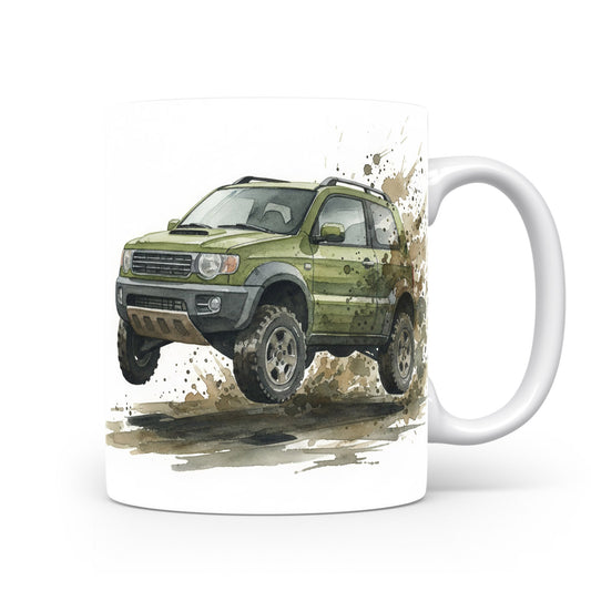 Hrnek s terénním autem v blátě