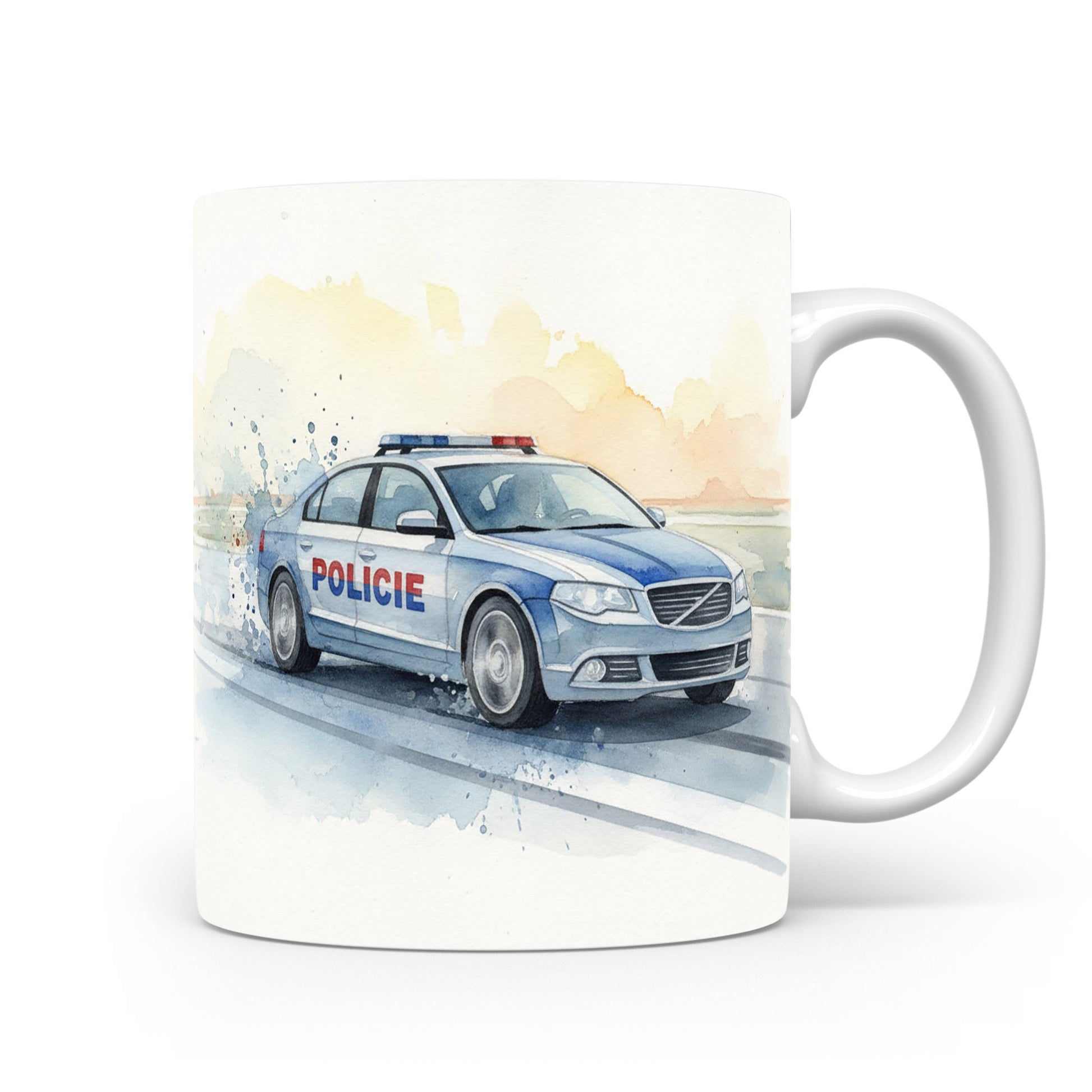 Akvarelový motiv policejního vozu na hrnku.