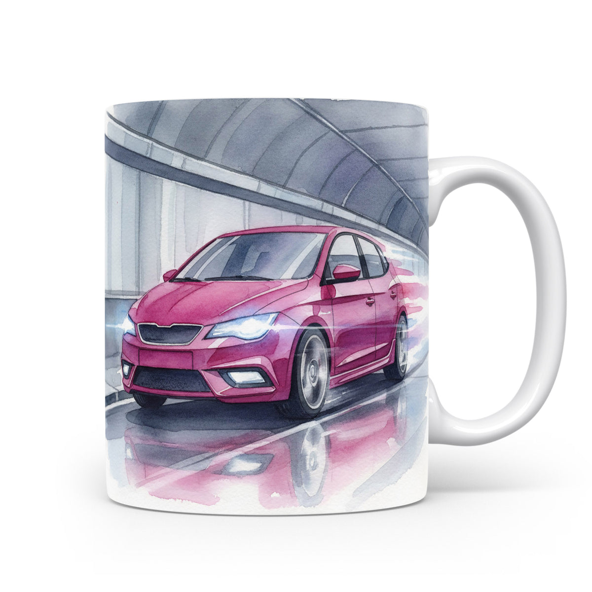 Růžové auto v tunelu na hrnku