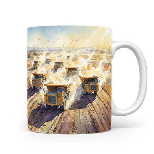 Nákladní vozy v prachu na akvarelovém hrnku