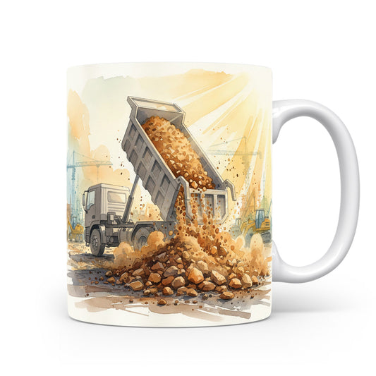 Hrnek s náklaďákem na staveništi, akvarel