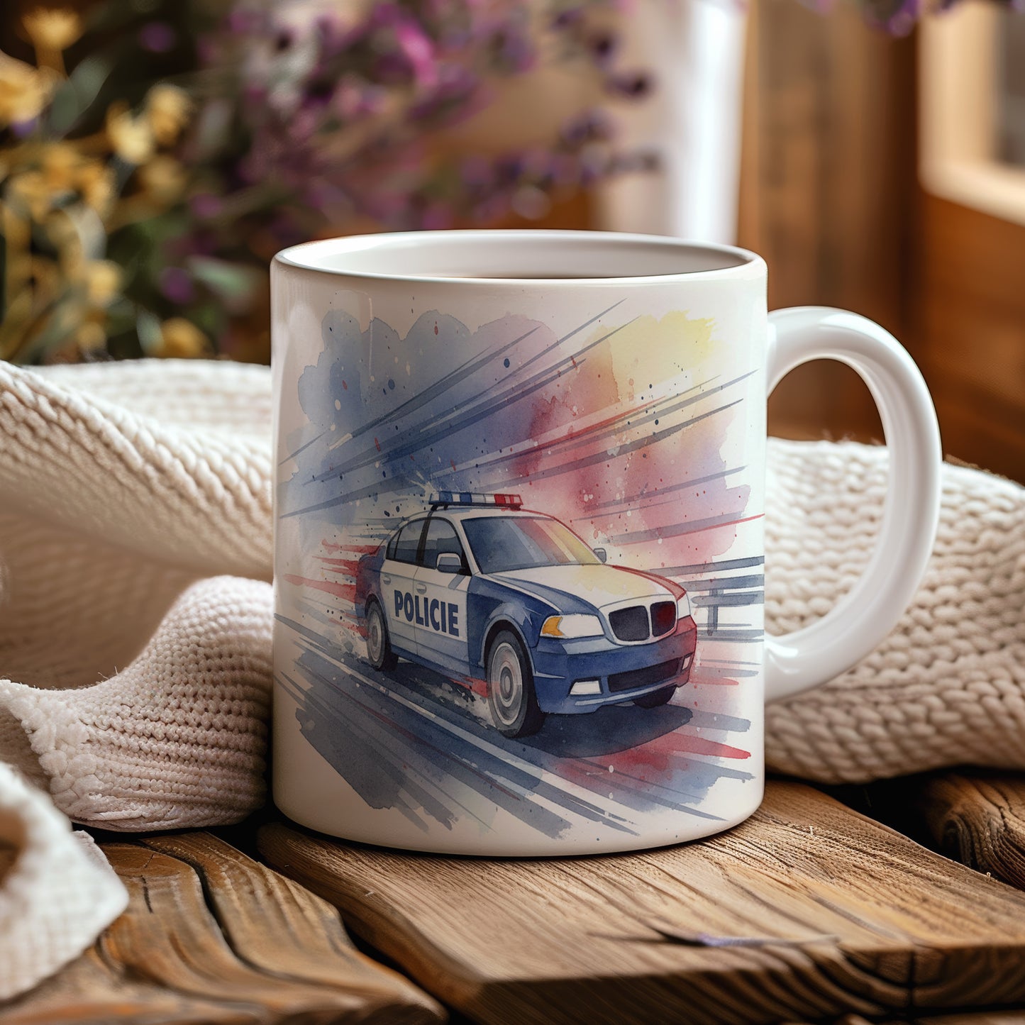 Hrnek s policejním autem v akvarelu