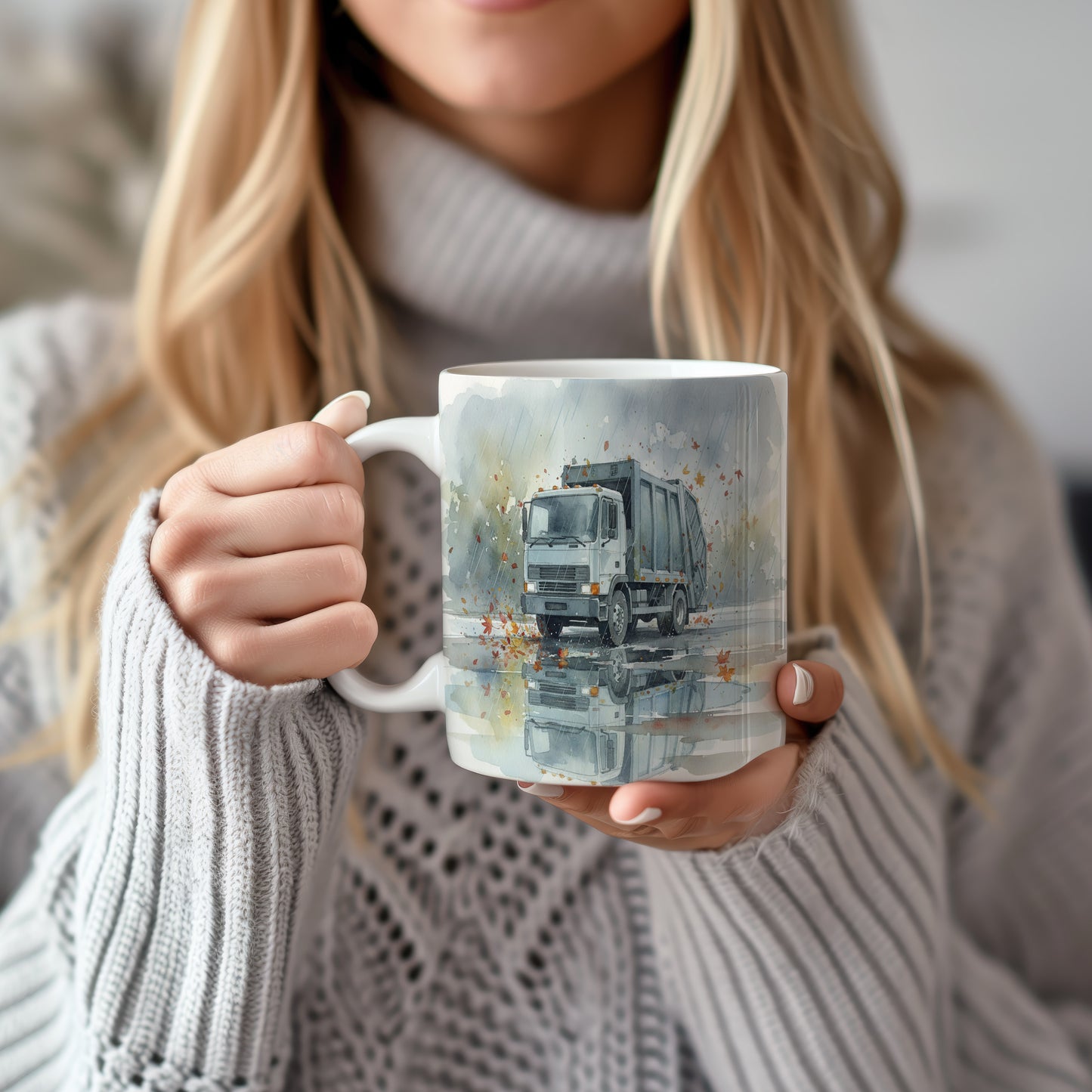 Hrnek s popelářským vozem v podzimní krajině