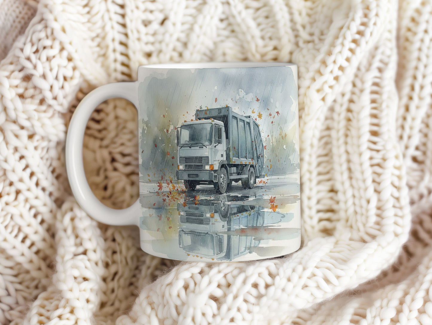 Hrnek s popelářským vozem v podzimní krajině