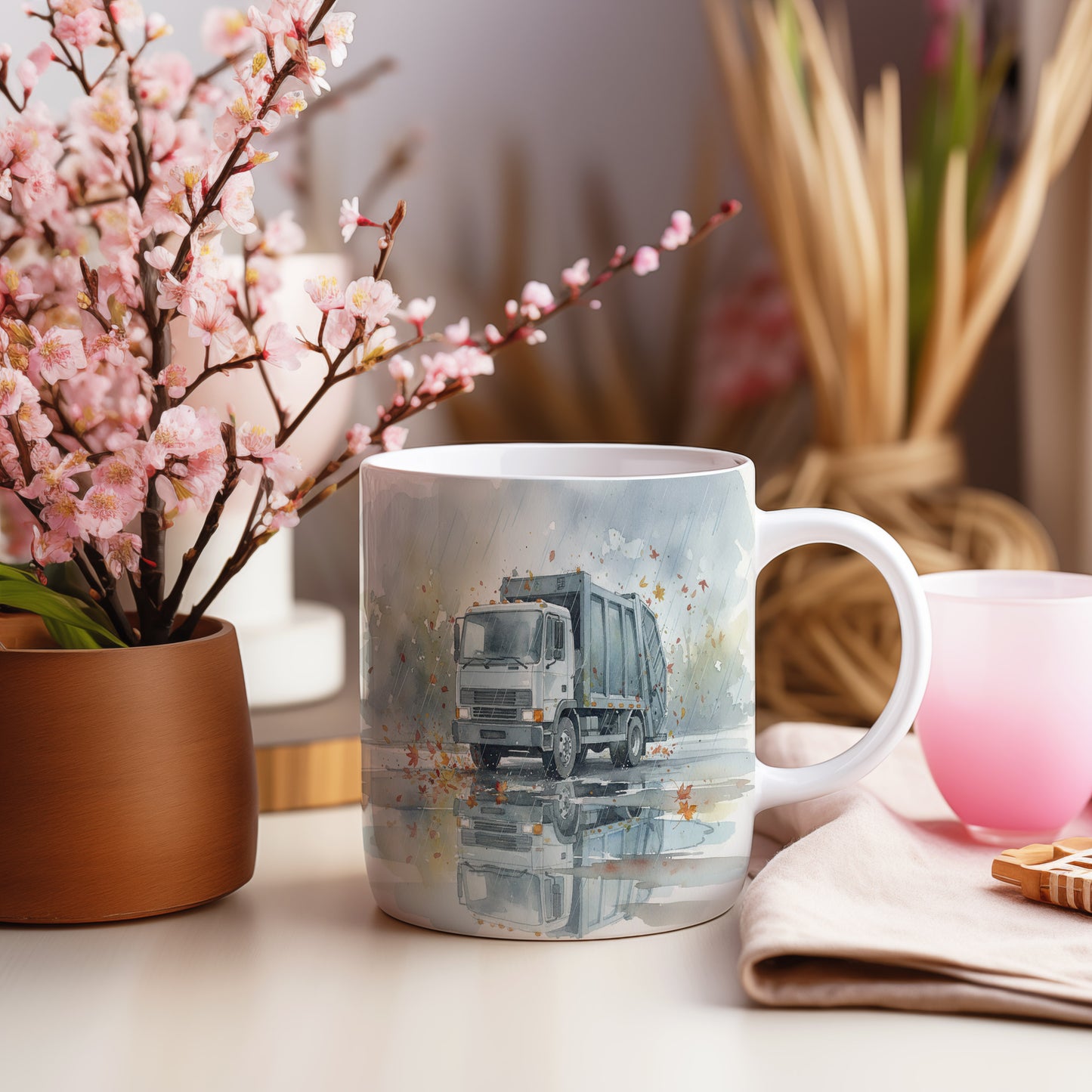 Hrnek s popelářským vozem v podzimní krajině