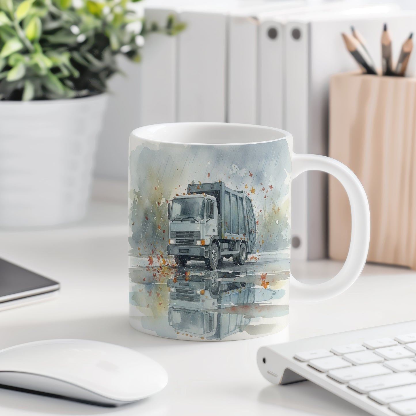 Hrnek s popelářským vozem v podzimní krajině