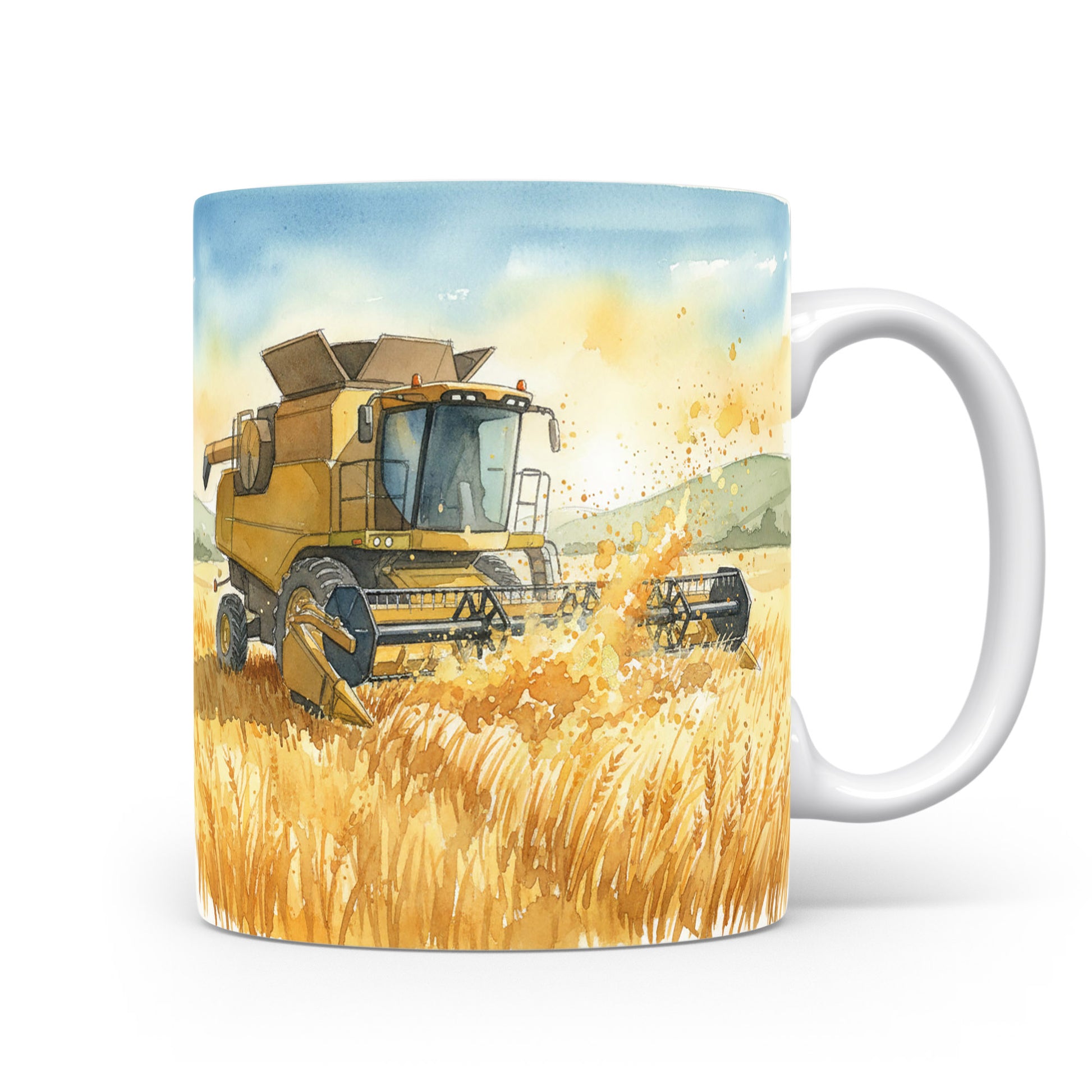 Hrnek se sklízecím kombajnem v obilném poli