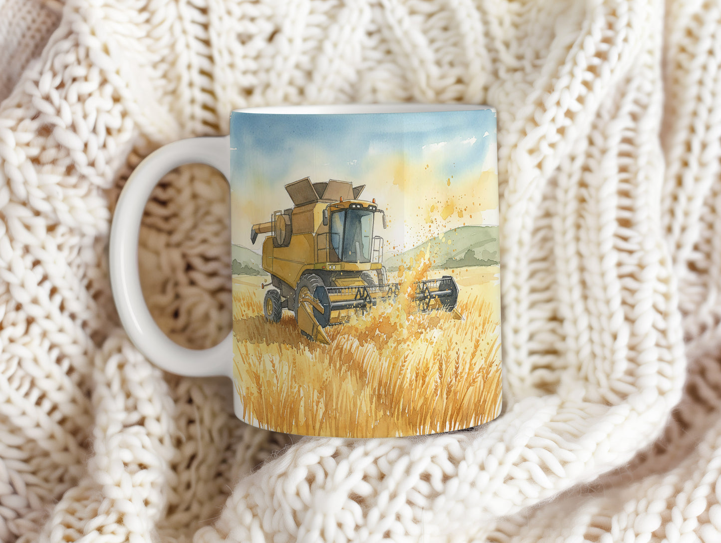 Hrnek se sklízecím kombajnem v obilí