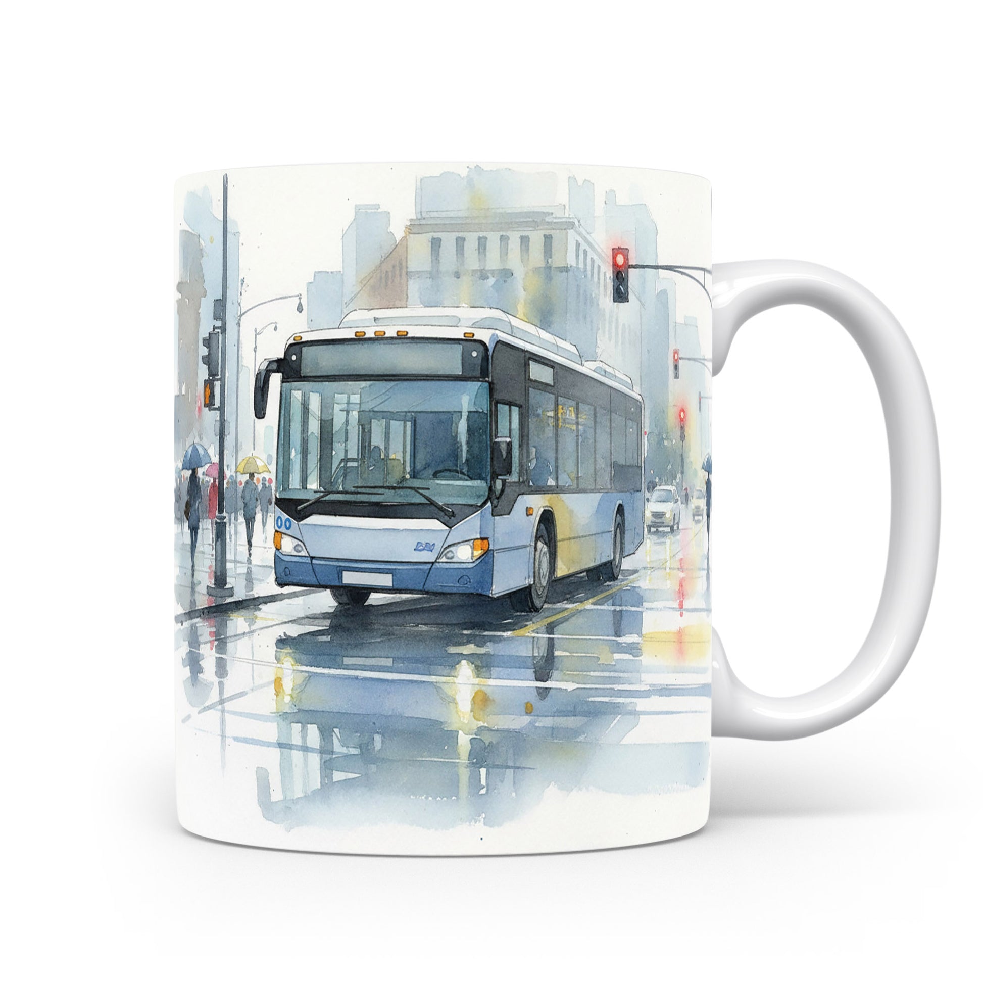 Autobus na deštivé ulici v akvarelu