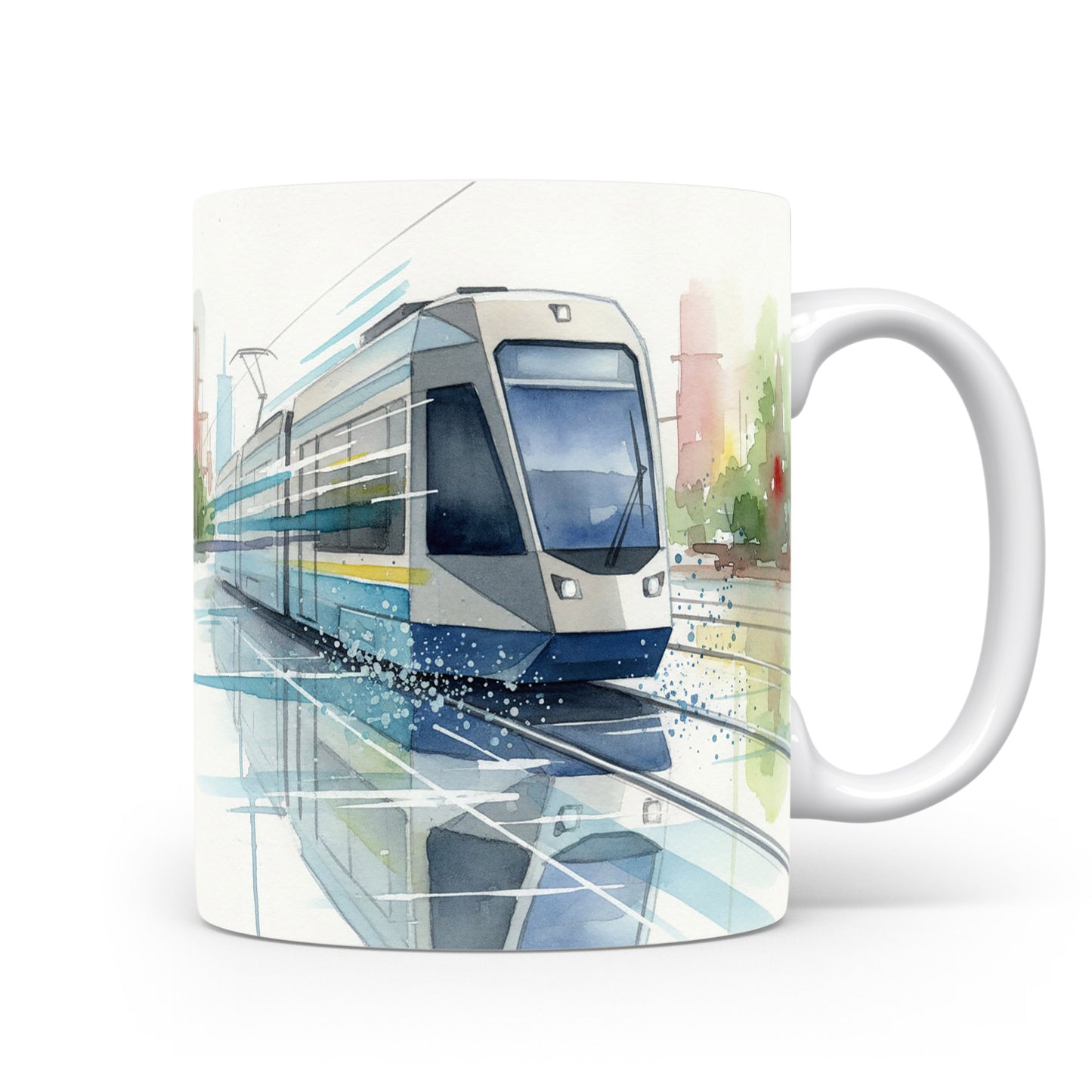 Hrnek s tramvají na mokrých kolejích