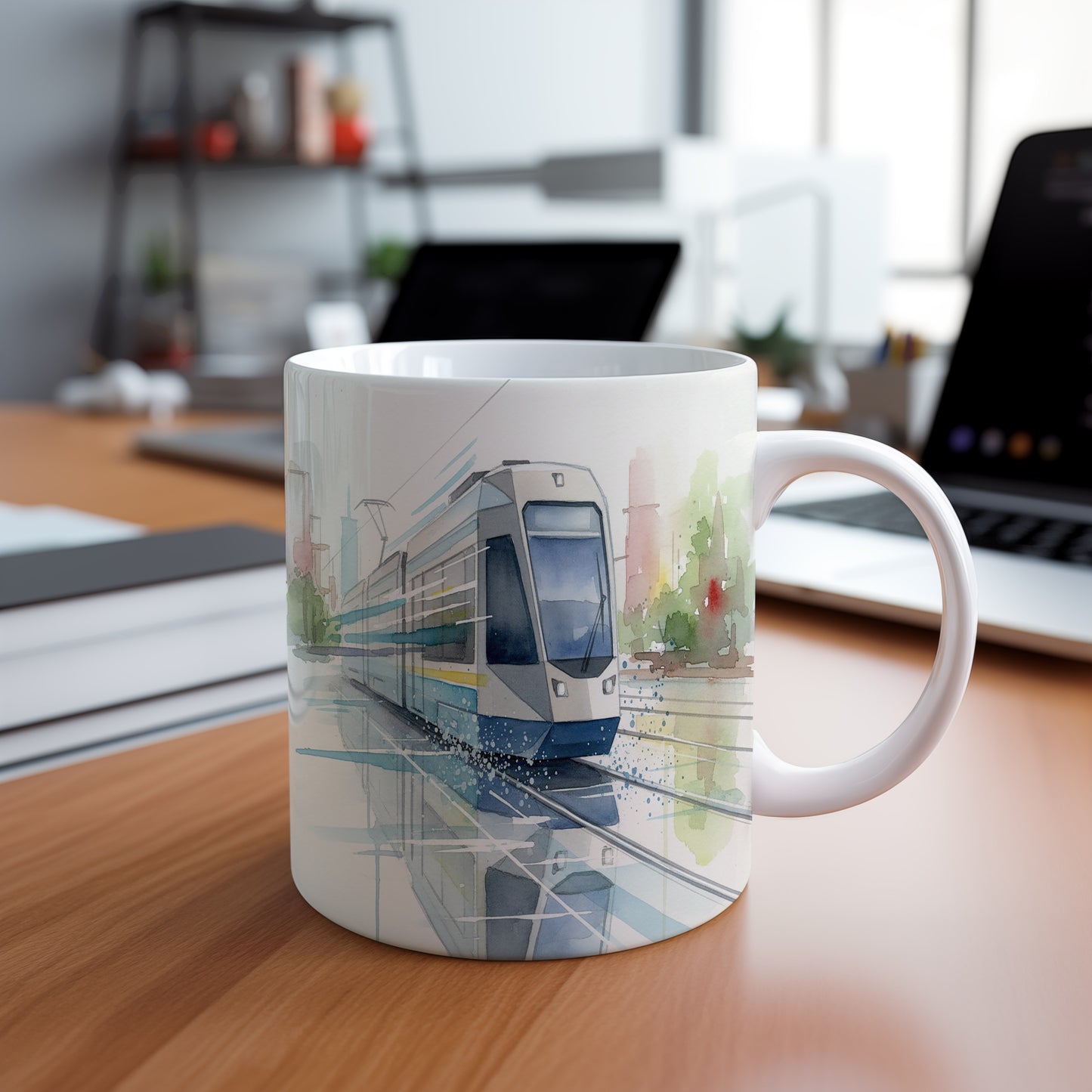 Hrnek s tramvají na mokrých kolejích