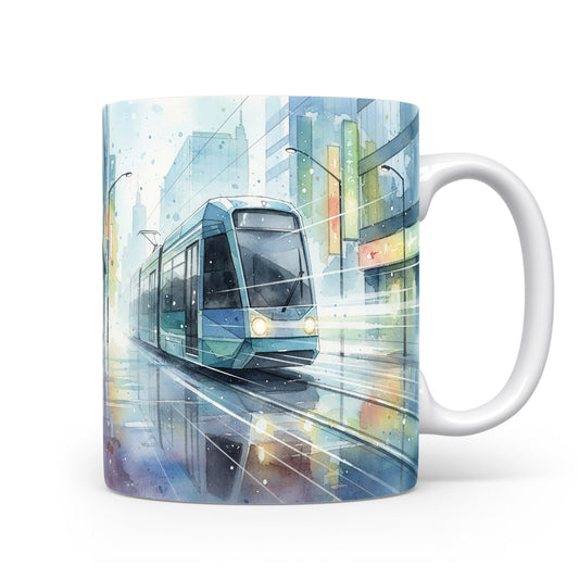 Hrnek s tramvají v moderní metropoli