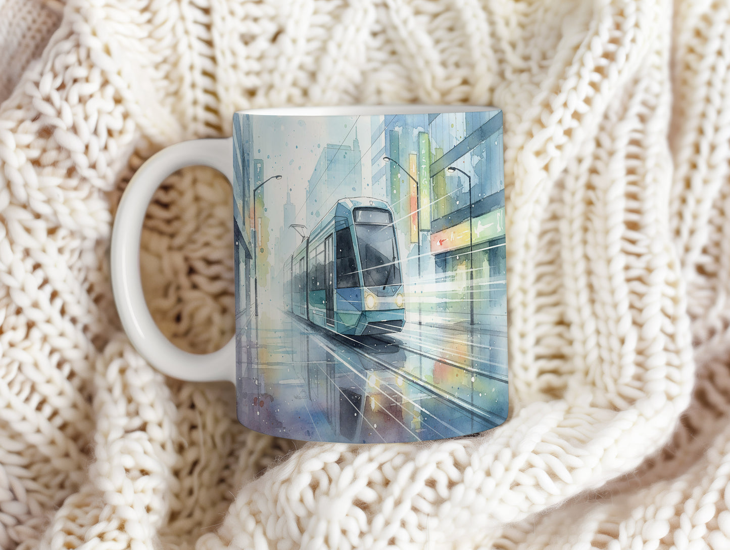 Hrnek s tramvají v moderní metropoli